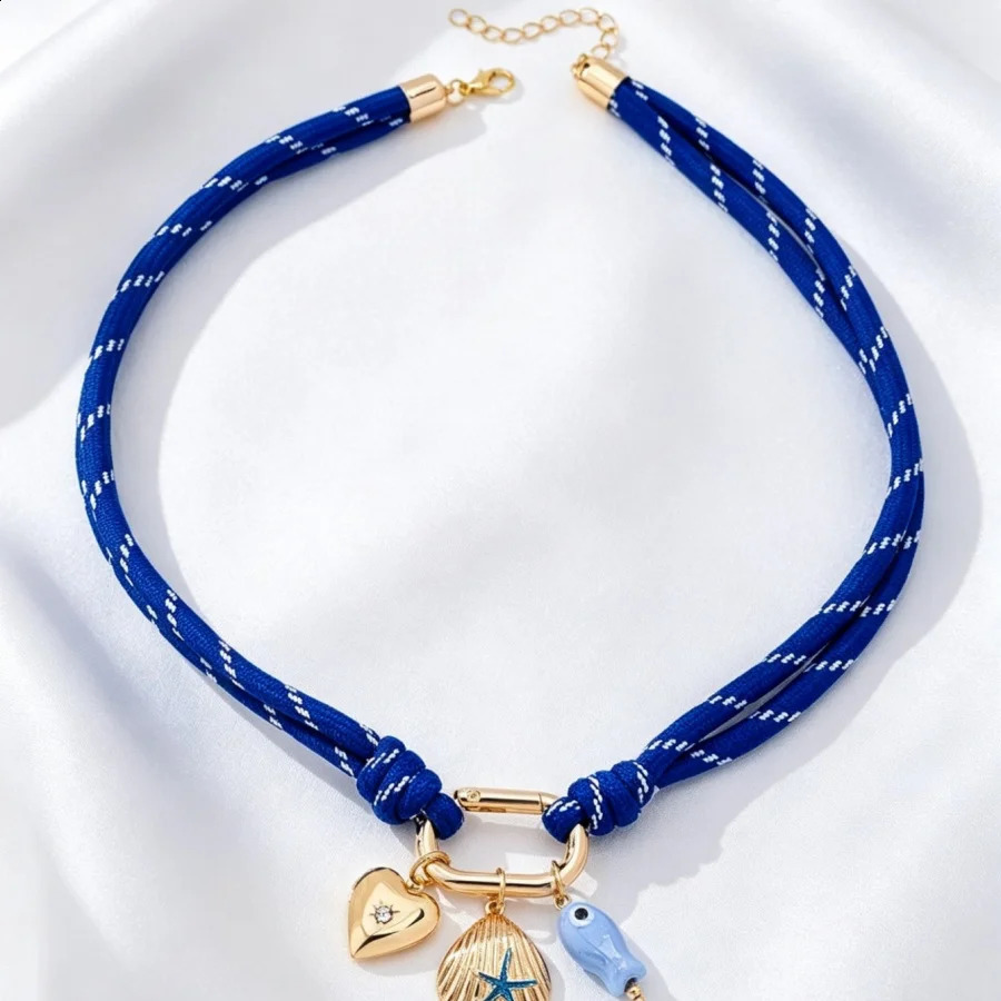 Fresh Summer Blue Braided Cord Choker Necklace Women Ocean Resin Enamel Starfish Seahorse Pendant Beach Vacation Fashion Jewelry 260626 - view 3