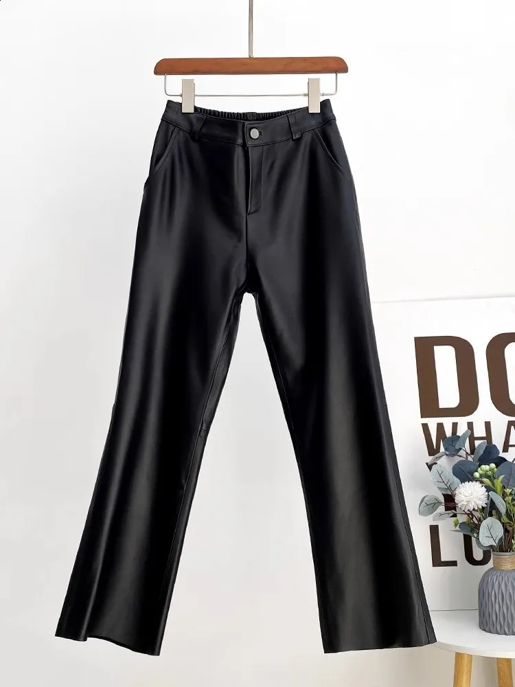 High Waist Slim Fit Office Lady Genuine Leather Pants Solid Elastic Fashion Flared Women Casual Trousers Size L4XL 260625 - view 5