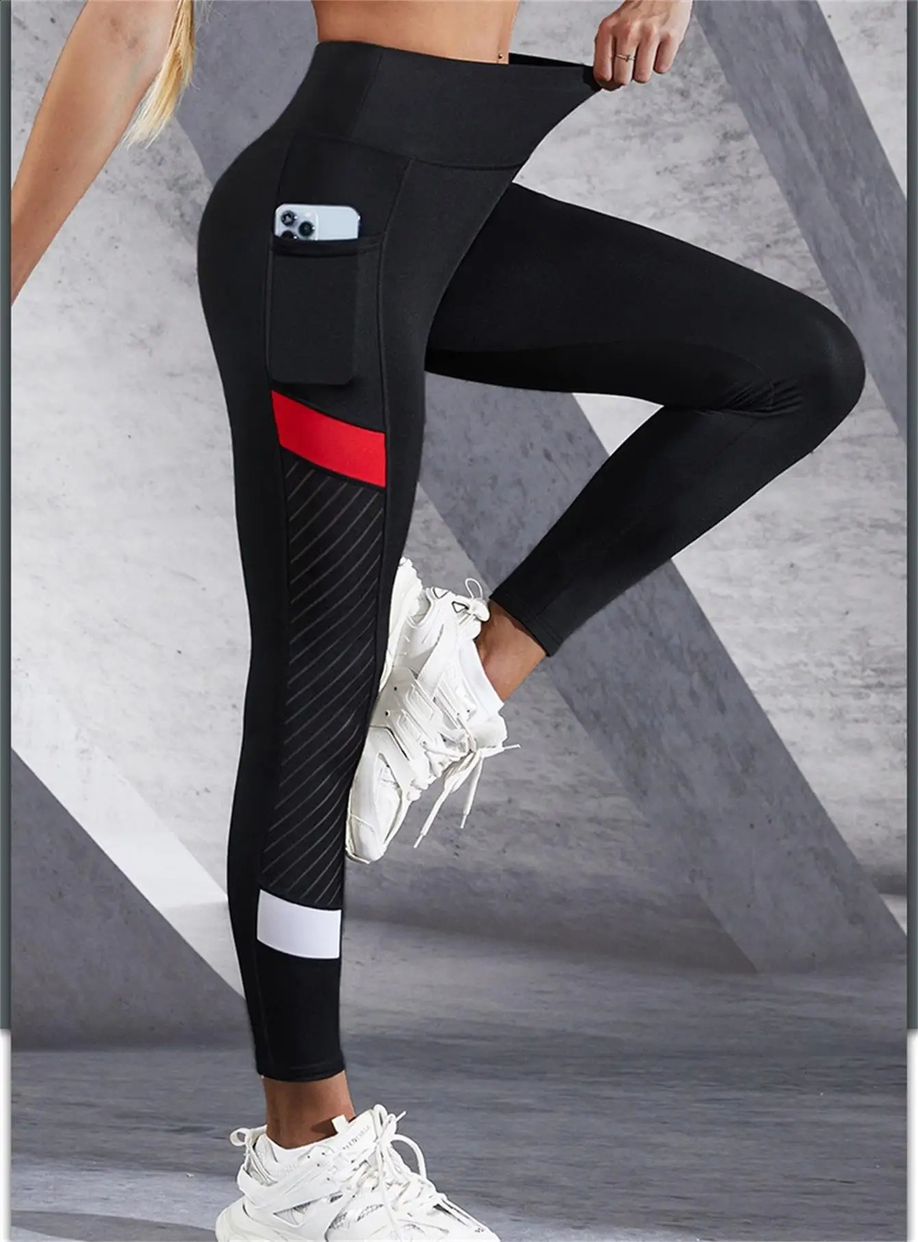 Colorblocked Mesh High Waist Yoga Pants with Side Pockets Leggings for Women Tummy Control Workout Shaping Leggings 260626 - view 4