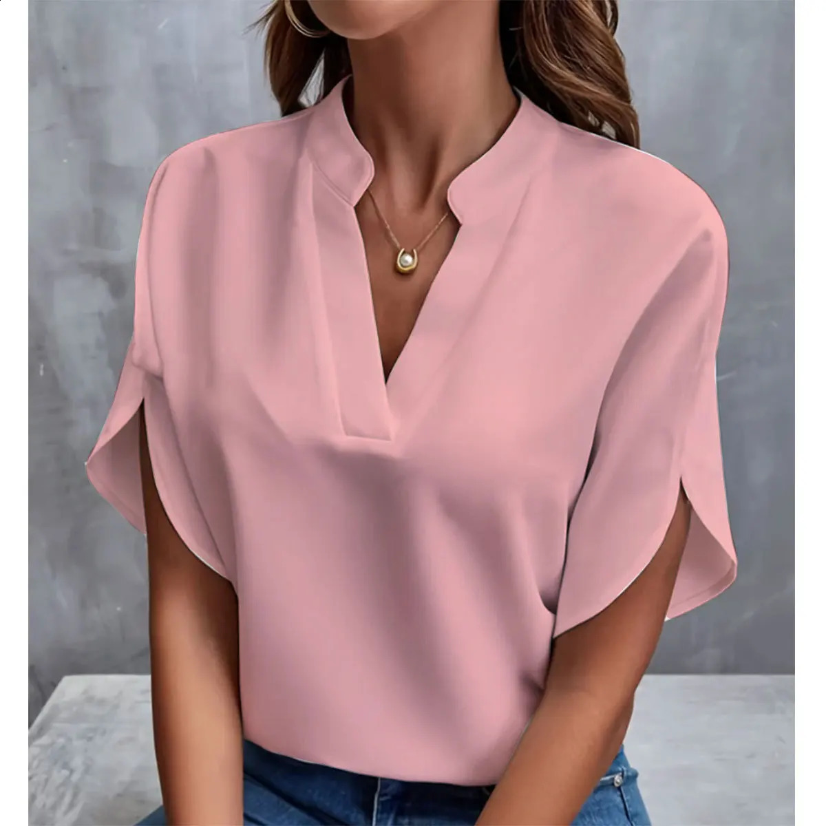 Women Elegant Solid V Neck Blouse Casual Short Sleeve Loose Shirt Summer Tops Harajuku Office Ladt Chiffon 2026 260626 - view 7