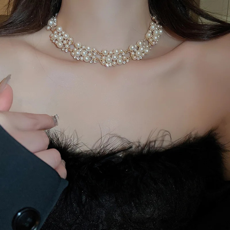 3 Pcs Rhinestone Pearl Rectangular Earrings Necklace Set Two-piece Vintage Choker Accessory Light Jewelry Sets Wedding 260626 - view 5