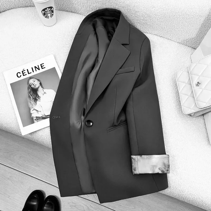 Gray Retro Blazer Womens Long Sleeve Button Solid Color Lapel Cardigan Commuting Top 260625