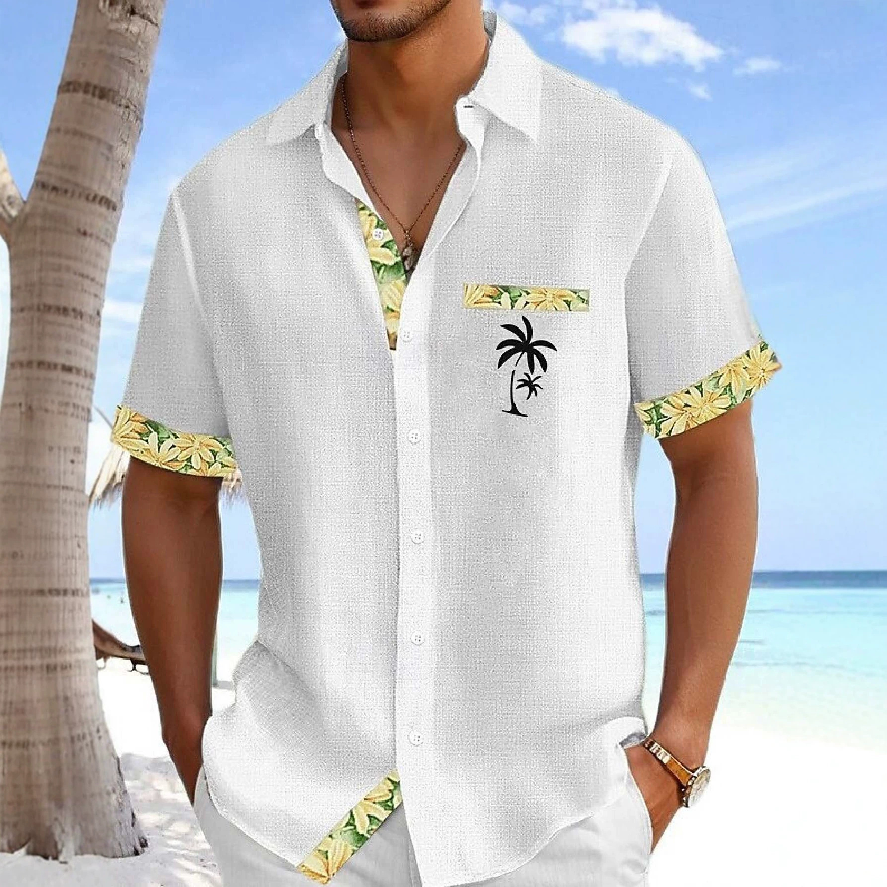European American Style Refreshing Island-Style Men's Short-Sleeve Shirt With Plumeria Trim, - view 6