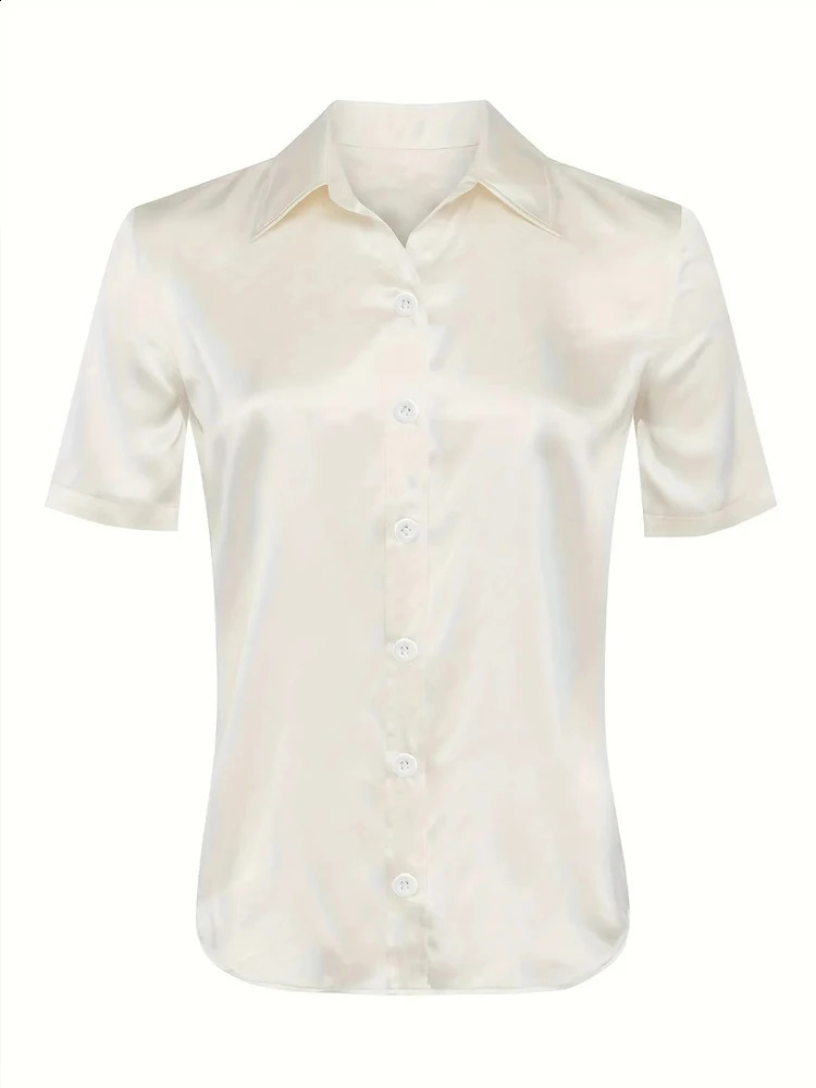 Zadily 2026 Summer Elegant Women Silk Satin Blouse Short Sleeve Button Down Collared Shirt Casual Office Lady White Tops 260626 - view 5