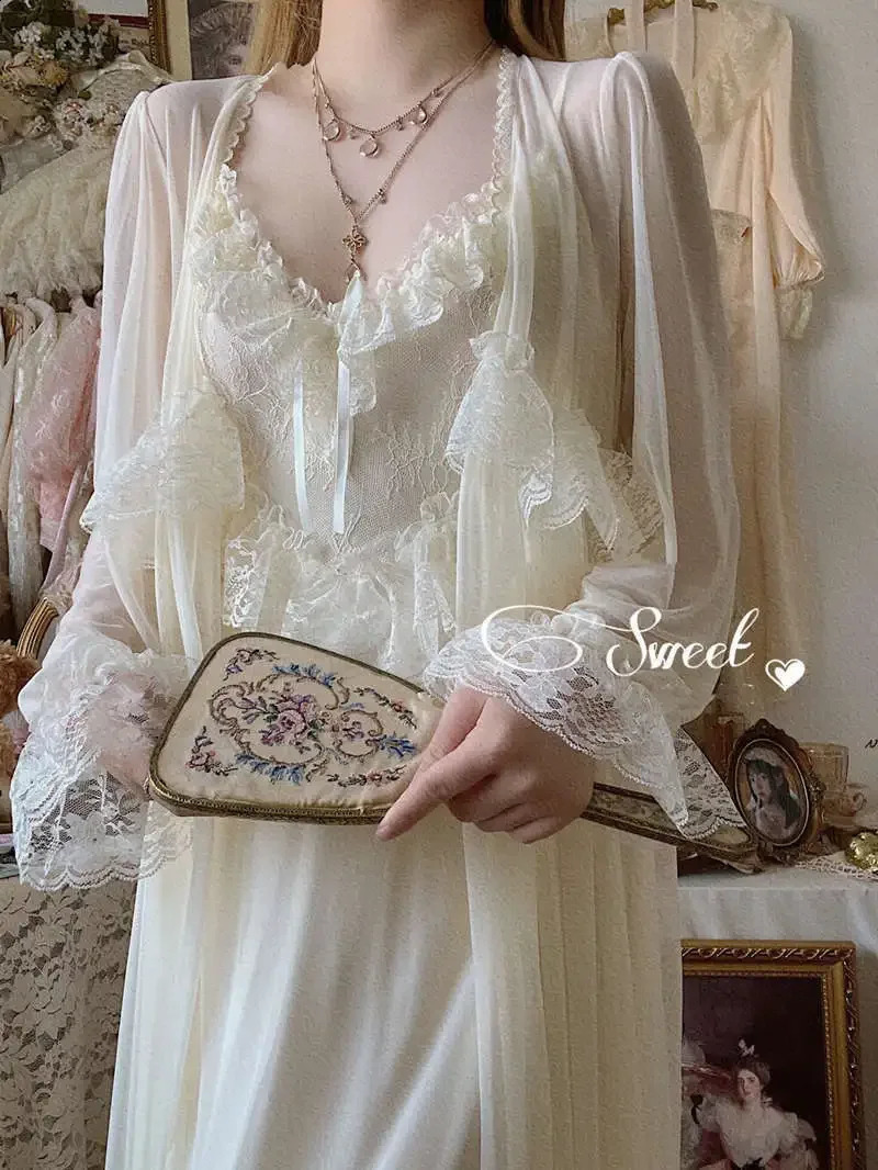 Vintage Female Court Style Thin Tulle Robe/Nightdress Ladies Princess Nightgowns Fairytale Pajamas Sleepwear Womens Clothing260622 - view 3