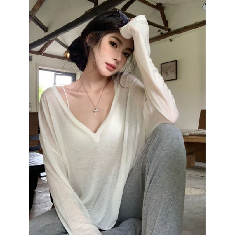 Thin Perspective Long Sleeved Tshirt for Womens Summer Loose Casual Korean Base Sun Protection Cover Up Top Women 260625