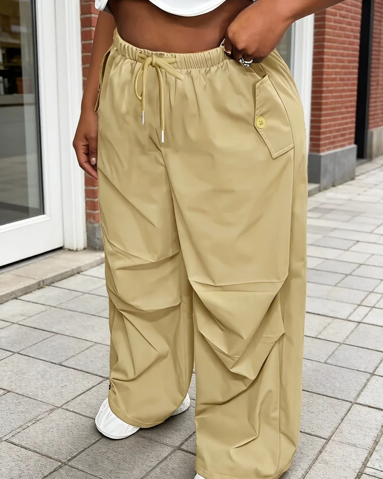 Womens Khaki Cargo Pants Elastic Waist Drawstring Loose Wide Leg Pockets Casual Sport Trousers for Summer Streetwear 260625 - view 5