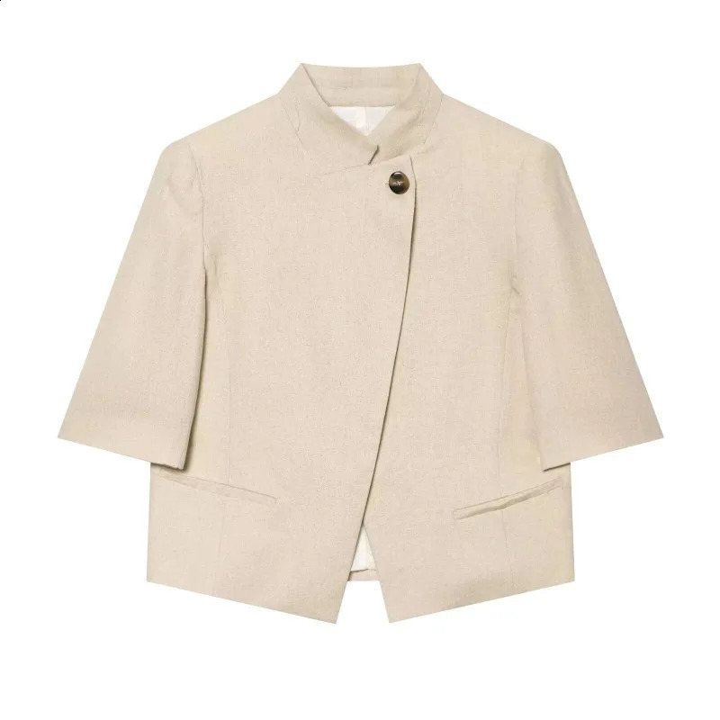 ZHIO 2026 Summer Arrival Womens Simple Casual Notch Lapel Linen Blend Short Sleeve Blazer Jacket 260626
