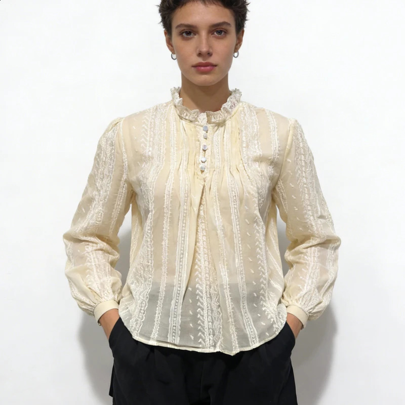 Spring Summer Vintage Lace Embroidered Blouse for Women Stand Collar Puff Long Sleeve Thin Shirt Elegant Victorian Style Top 260626 - view 6