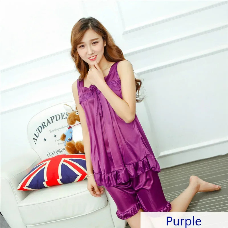 Summer Womens Faux Silk Satin Pajamas Sexy Sleepwear Female Nighty for Ladies Lace Tops Shorts Cool Set 260625 - view 5