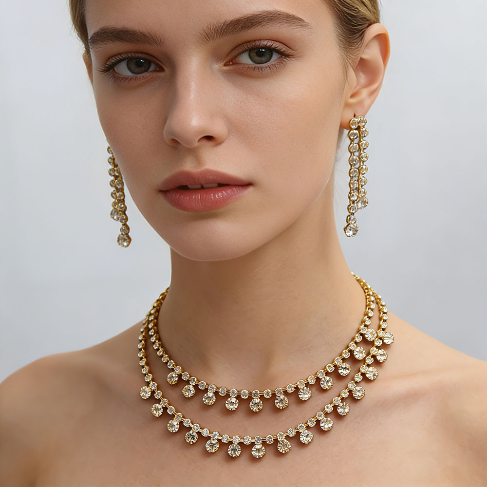 Women 2-Layer Rhinestone Bridal Jewelry Set, Thickened Round Tube Copper Chain, Tight Setting Prevent Falling Stones, Hypoallergenic, Factory Direct Customization