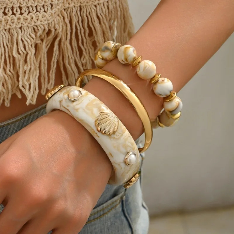 DIEZI One Set Bohemian Ethnic Beads Strand Bracelet Bangle Sets Vintage Pearl Shell Resin Bangles For Women Men Gift Jewelry 260625