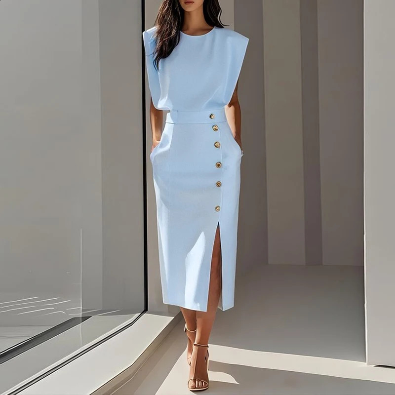 Summer Fashion O Neck Split Women Dress Elegant Solid Slim Button Party Dress Casual Sleeveless High Waisted Office Lady Dresses 260626 - view 4