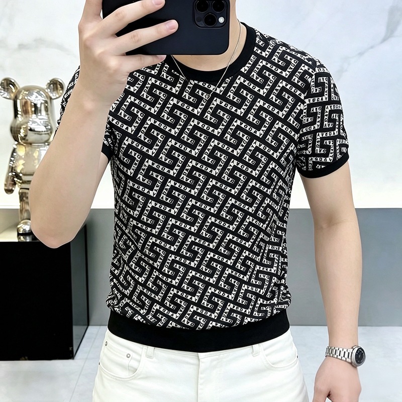 2026 Fashion Trendy Men's Clothing Nylon Ice Silk Smooth Hollow Breathable European Style Short Sleeve Men Round-Neck Pullover - view 4