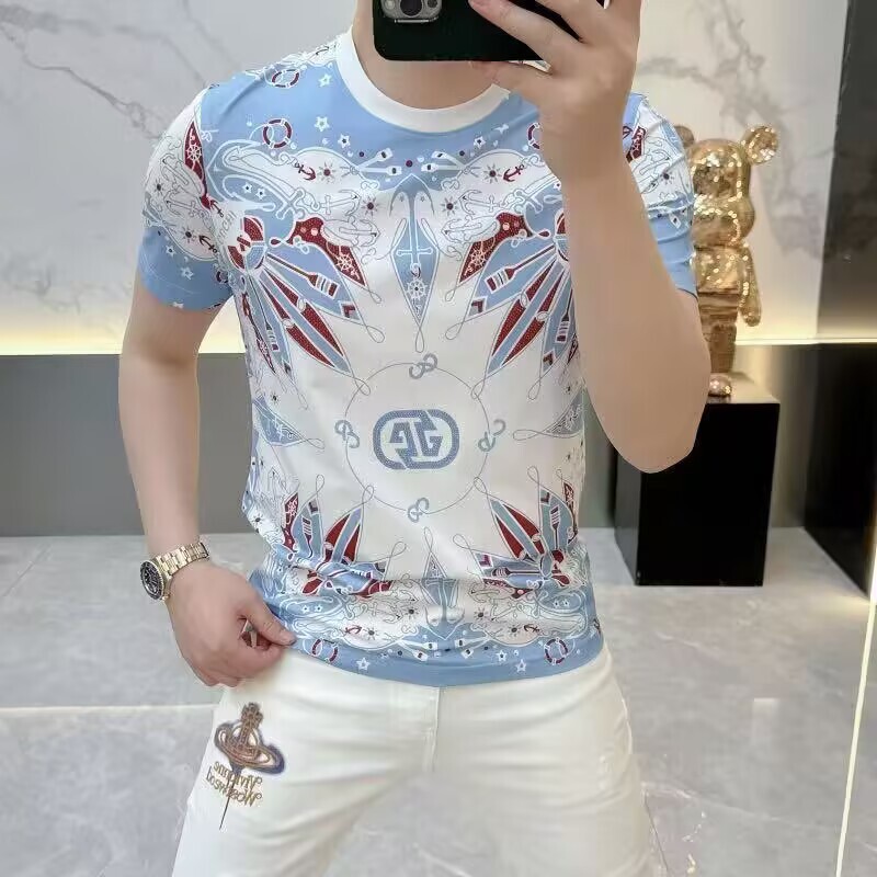 2026 Summer New European Fashion Brand Personality Print Stylish Round Neck Short Sleeve Slim Fit Casual T-Shirt For Men - view 5
