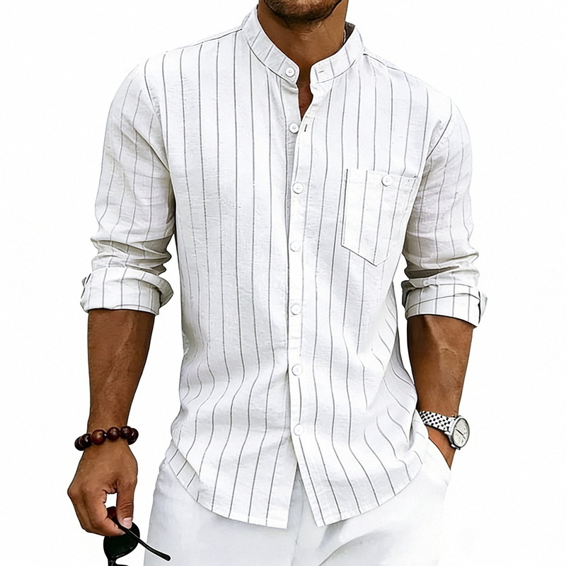 Mens Linen Stand Collar Striped Shirt Spring and Autumn Casual Commuting Trendy Slim Fit Long Sleeve Shirt - view 7