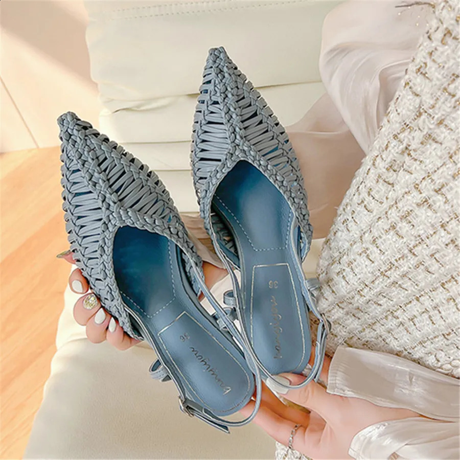 Braided Womens Sandals Summer Pointed Toe Flat Shoes Ladies Blue Hollow Out Beach Mules Gladiator Sandalias Mujer Slippers 260626