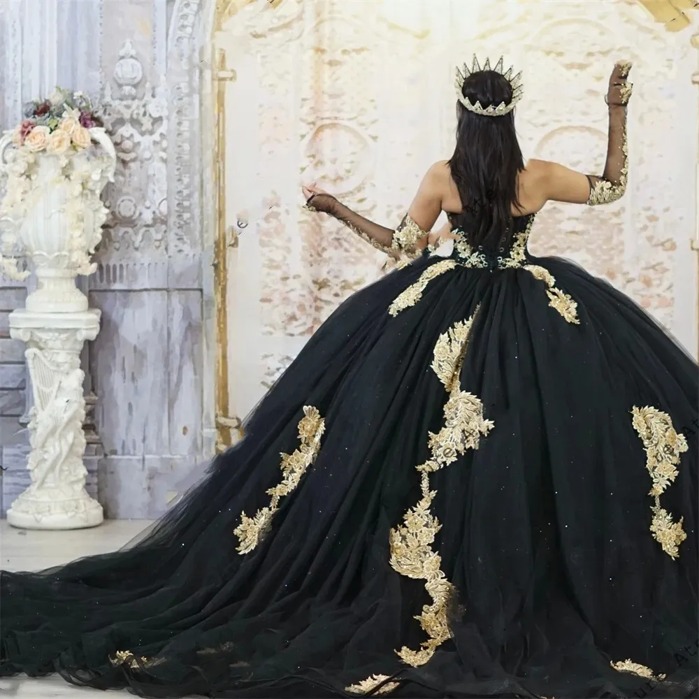 Black strapless bandage sheer long-sleeve heavily beaded train ball gown Quinceanera dark luxury princess dress - view 4