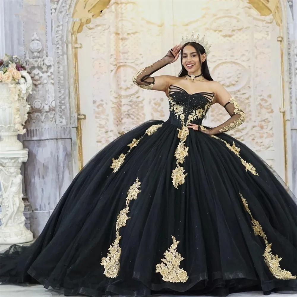 Black strapless bandage sheer long-sleeve heavily beaded train ball gown Quinceanera dark luxury princess dress - view 1