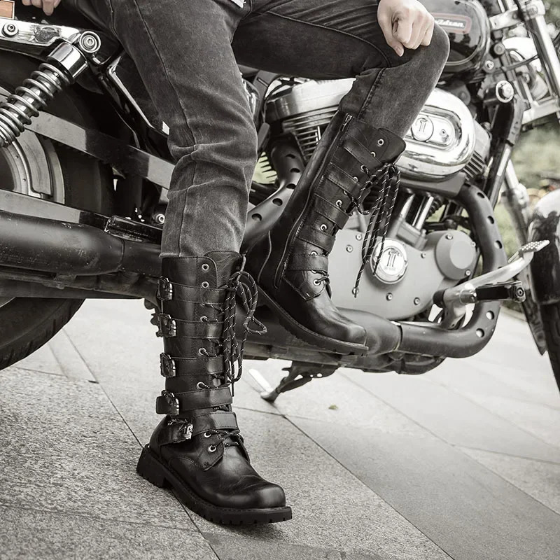 Large Size 37-46 Mens PU Leather Motorcycle Boots Mid-calf Breathable Boots Gothic Belt Punk Boots Men Punk Shoes 260626 - view 1