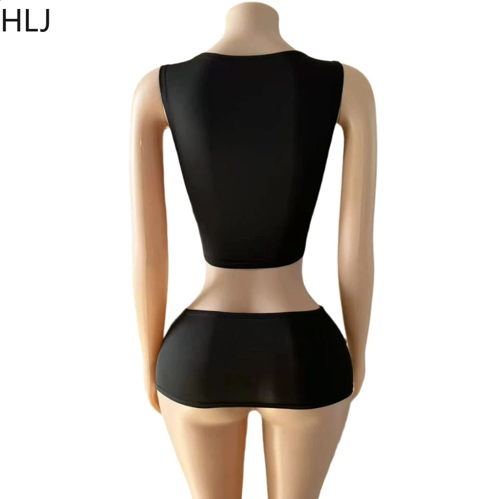 HLJ Sexy Black Letter Print Mini Skirts Two Piece Sets Women Round Neck Sleeveless Crop Top And Outfit Fashion Streetwear 260625 - view 7