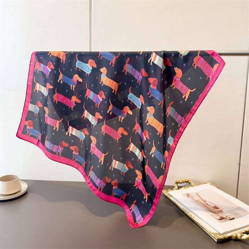 2026 Luxury 70x70cm Square Silk Scarf for Women Cute Dachshund Pattern Shawls Wrap Fashion Accessory Hair Tie Bandana Hijab Caps 26Y06226