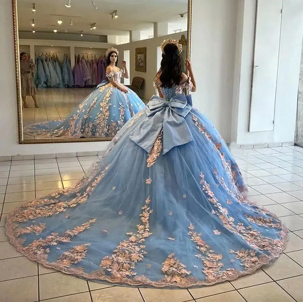 Royal blue off-shoulder dress with pink rose lace, big bow, and super long tulle train Quinceanera color-block dress - view 5