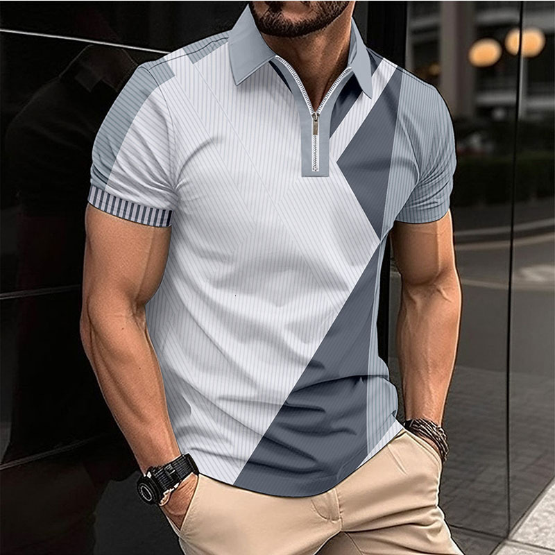 New European And Men's Casual POLO Shirt, Summer Striped Turn-Down Collar Zippered Business T-Shirt Top - view 5