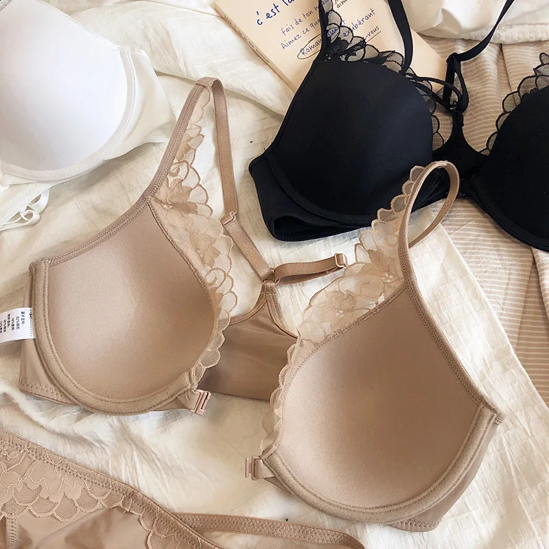 Thin Glossy Cup Cross Backless Lace Front Closure Bra and Panties Set with Push Up Underwear Women Beautiful Sexy Lingerie 260626 - view 4
