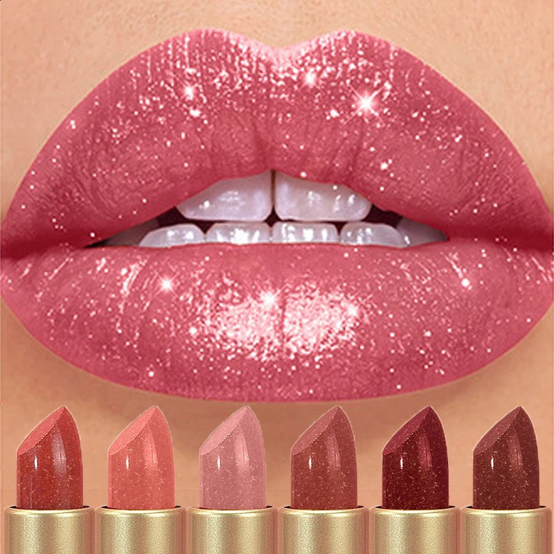 Diamond Pink Lipstick Chocolate Brown Metallic Glitter Lipstick Long-Lasting Waterproof Shimmer Pearl Sparkling Lip Gloss Makeup 260626