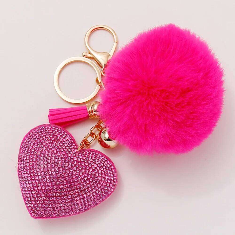 Fashion Fluffy Plush Ball Faux Fur Pompom Rhinestone Heart Bag Pendant Solid Color Key Ring Alloy Furball Keychain 26Y0626