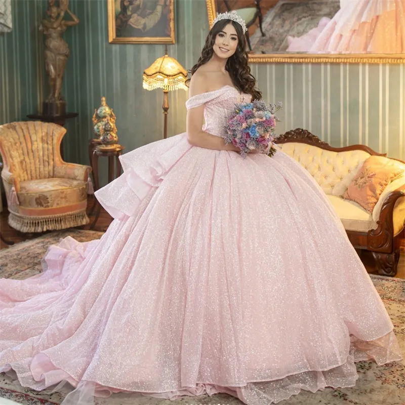 Light pink off-shoulder folded sleeves party dress with fine glitter tulle, layered side, big flared train - Quinceanera gentle princess dress - view 3