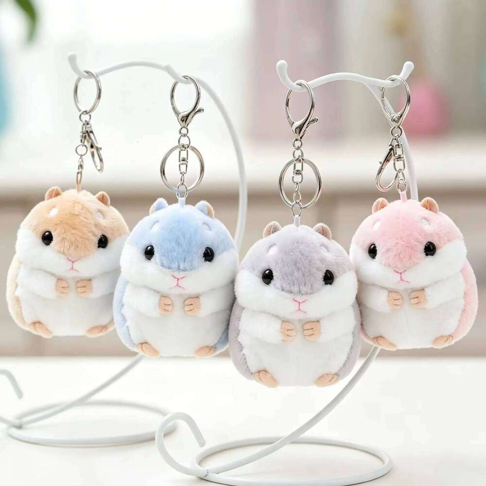 10cm Fluffy Hamster Doll Plush Toys Keychain Women Girl Faux Fur Pompom Key Ring Trinkets Handbag Backpack School Bag Pendant 26Y0626