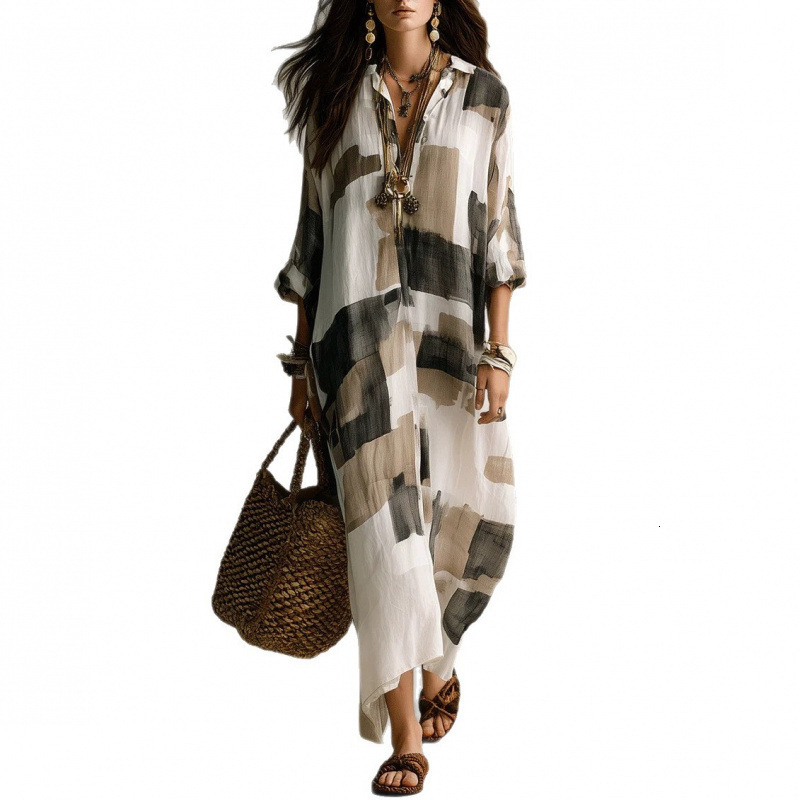 Preppy Printed Sundress for Women, Floor-Length Geometric Tie-Dye Shirt Dress with Lantern Sleeves, Sailor Collar, Natural Waist, Side Split, Polyeste - view 6