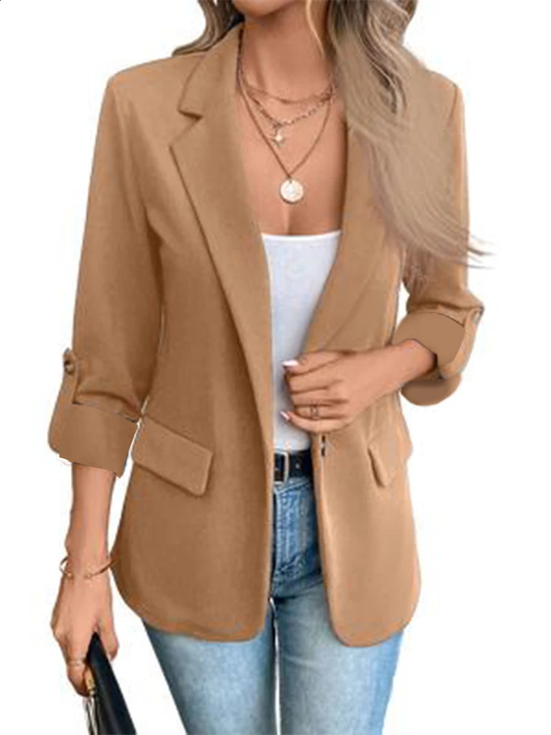 Womens Long Sleeve Blazer Open Front Casual Jacket With Roll Up Sleeves And Pockets For Business Office Wear 260625