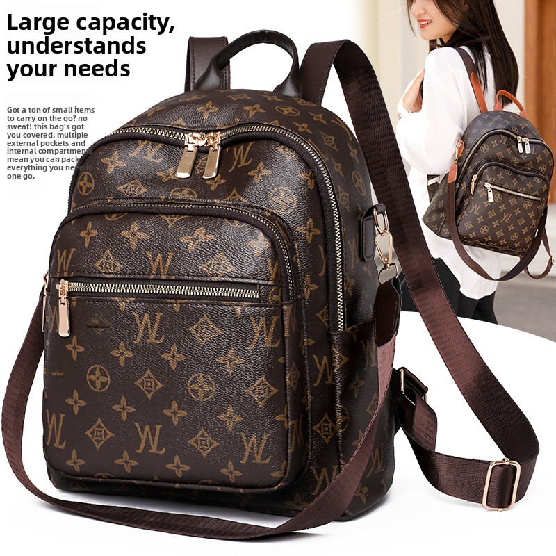Vintage Print Women Backpack Multi Pocket Zipper Travel Rucksack Detachable Shoulder Strap PU Leather Ladies Daily School Backpacks - view 3