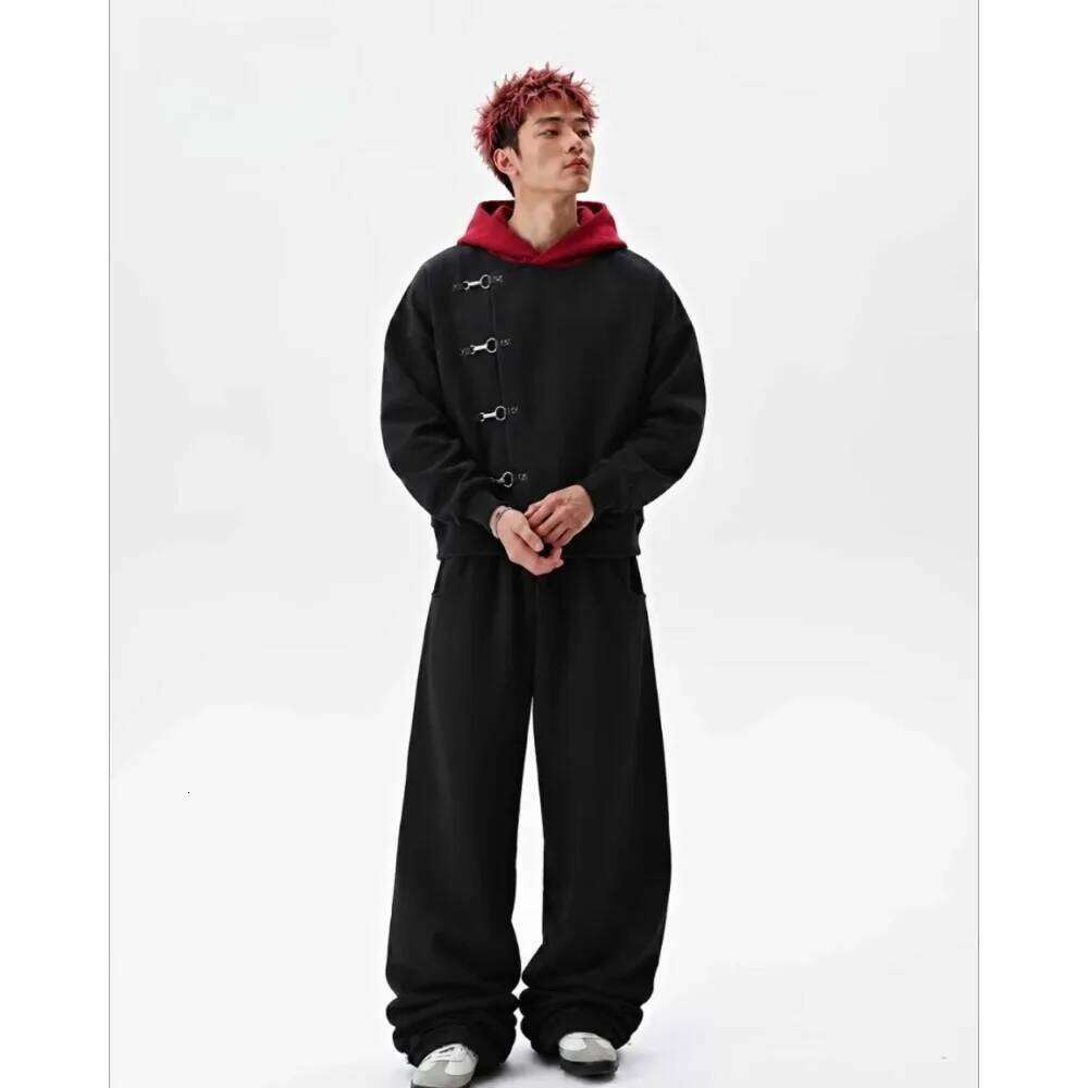 Y2K retro hoodie oversized black and red stitching metal buttons casual sweatshirt fashion hip-hop streetwear simple jacket W260626
