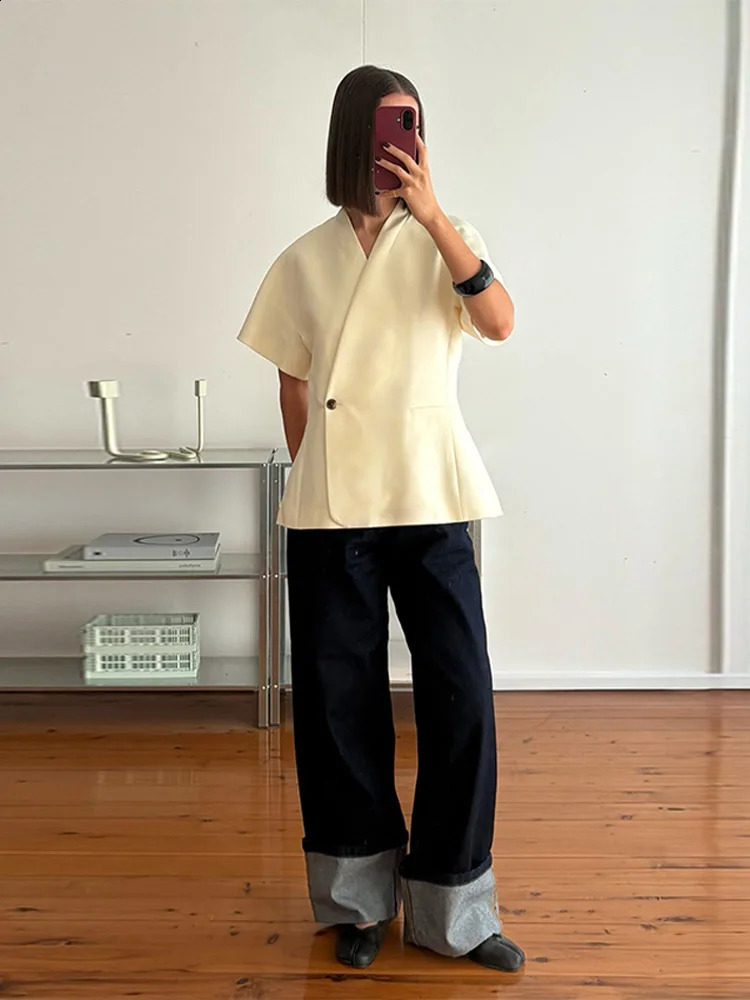 Elegant Womens Short Sleeve Blazer Coat One Button V Neck Waist Cinching Jacket 2026 Spring Summer Daily Outwears 260625 - view 7