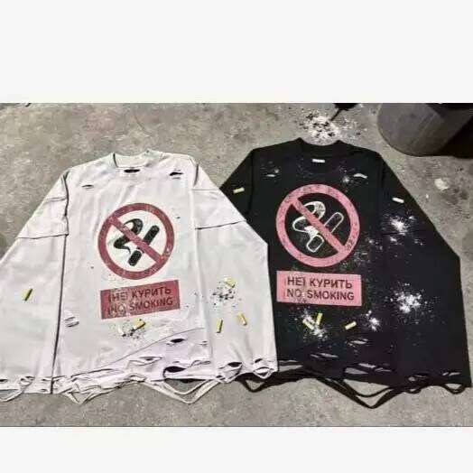 Y2K Cigarette Pattern Print Streetwear Harajuku Hip Hop Ripped Long Sleeve Top Gothic Fashion Crew Neck Sweatshirt Men Women W260626