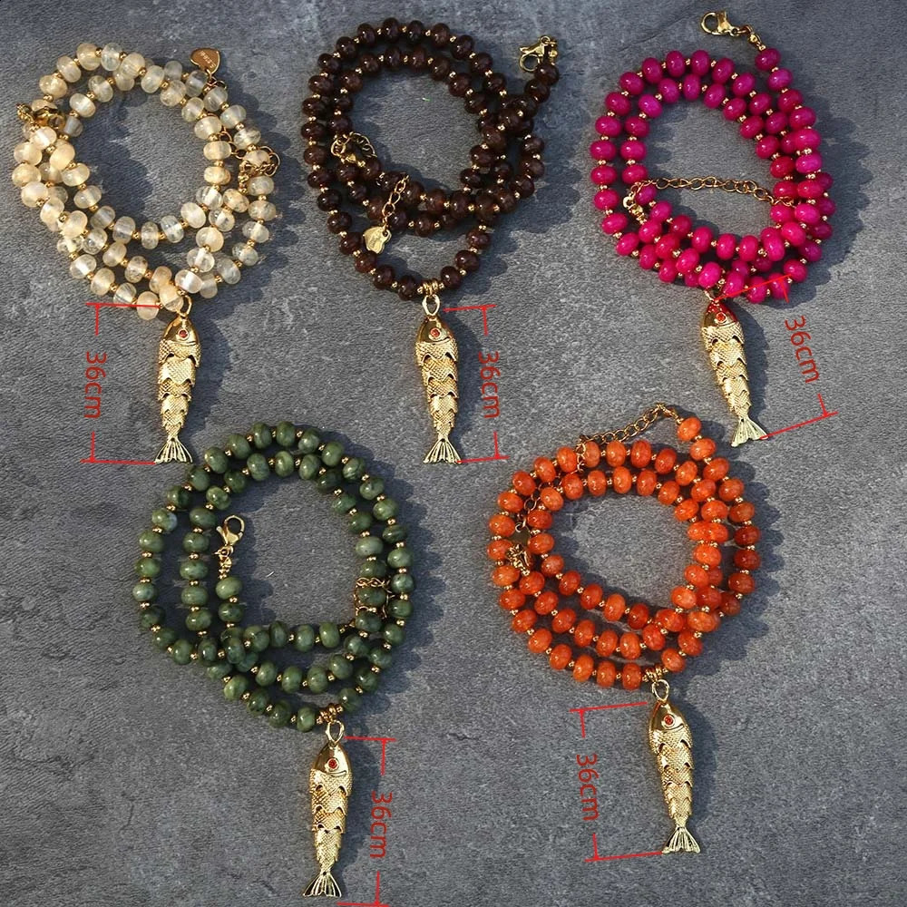 2026 latest Swingable gold-plated small fish pendant colored natural stone abacus beads stainless steel spacer beads necklace 260626 - view 3