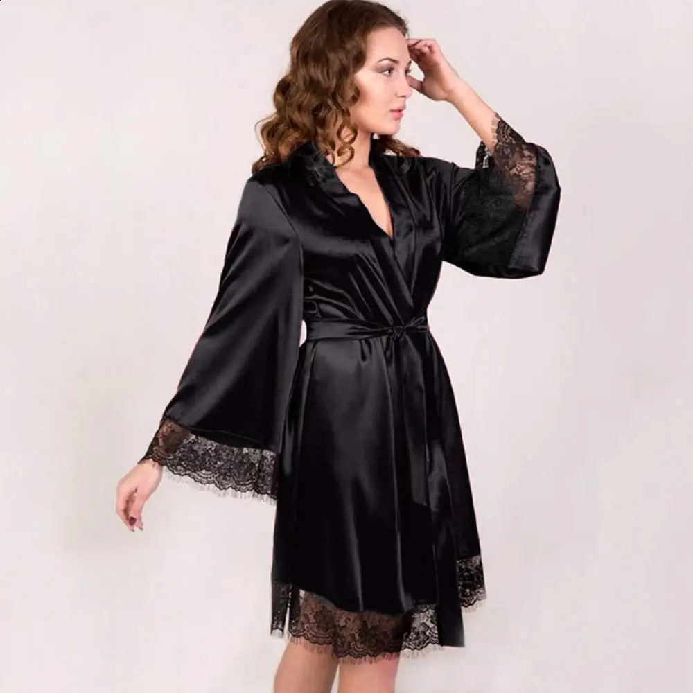 Sexy Womens Kimono Robe Lace Trimmed Satin Nightgown Bridal Wedding Sleepwear Adjustable Belt Comfortable Loungewear260622