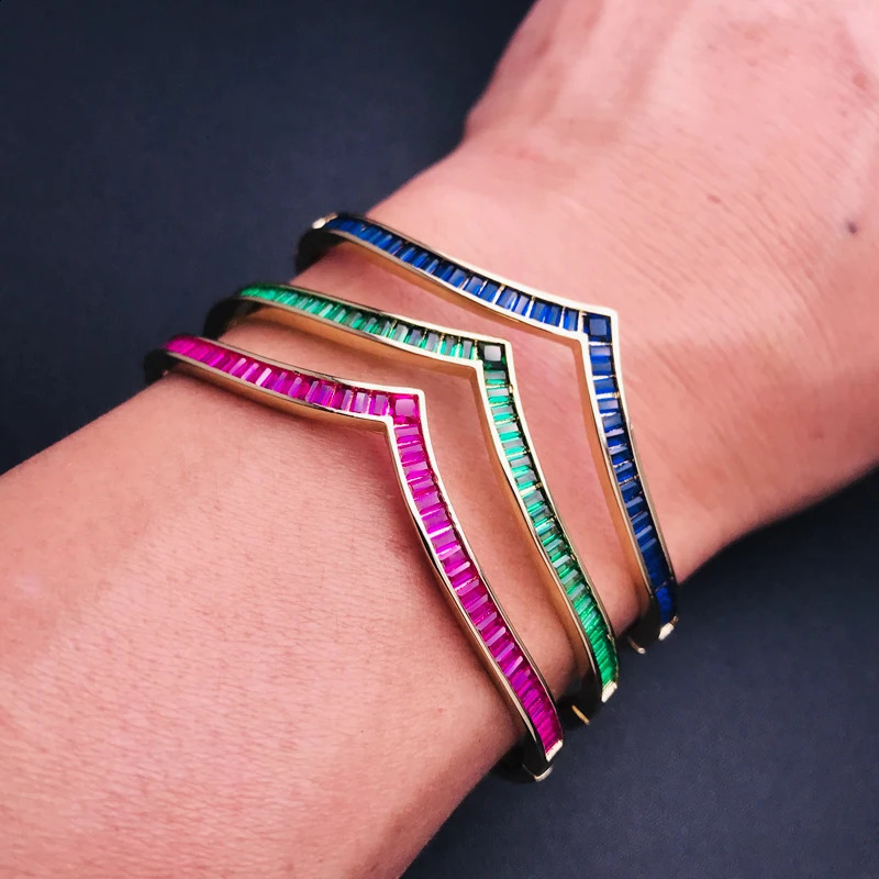 CSJ Sapphire Bangle Created Blue Corundum Ruby Emerald Bracelet Yellow Gold for Women Lady Party Birthday Trendy Jewelry Gift 260626 - view 6