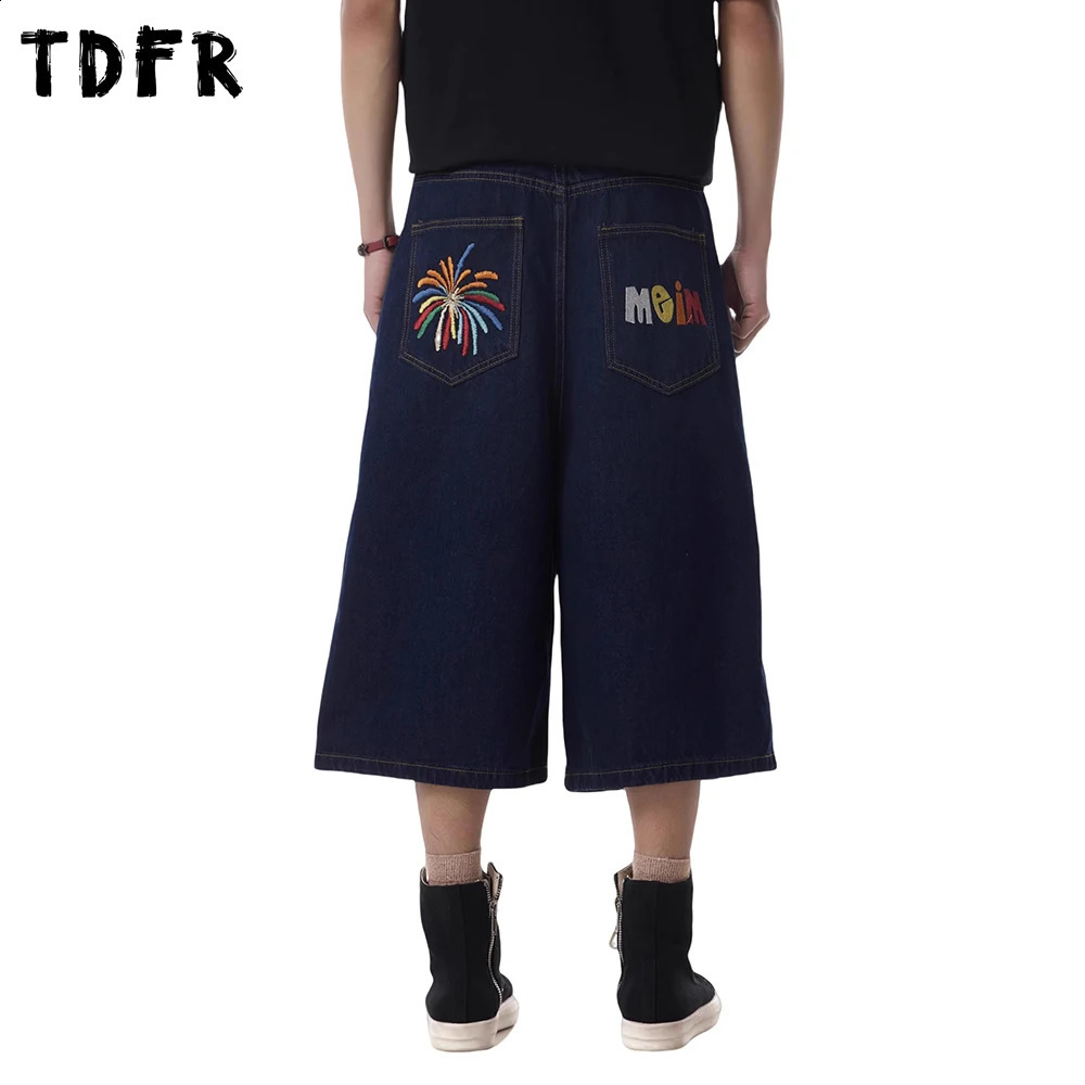 Graffiti Embroidery Denim Shorts Mens Retro Streetwear Loose Wide Leg Short Jeans Men 260625 - view 1