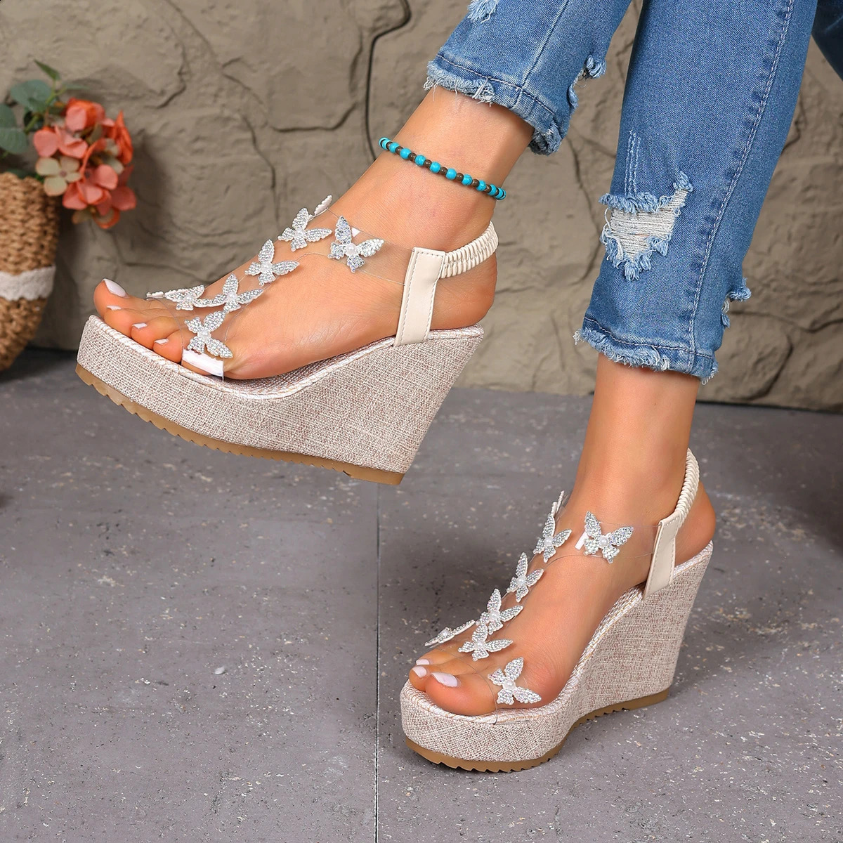 Fashion Comfortable Womens Sandals Rhinestone Butterfly Open Toe Wedge Heel Summer Beach Casual Party Shoes for Ladies 260626 - view 4
