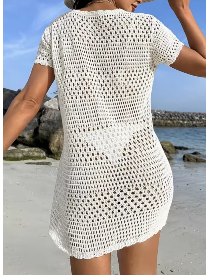 2026 European and American PlusSize Womens Spring Summer Vacation Style Beach Shirt CoverUp Sexy HollowOut Pullover Knit Dress for Women 260625 - view 3