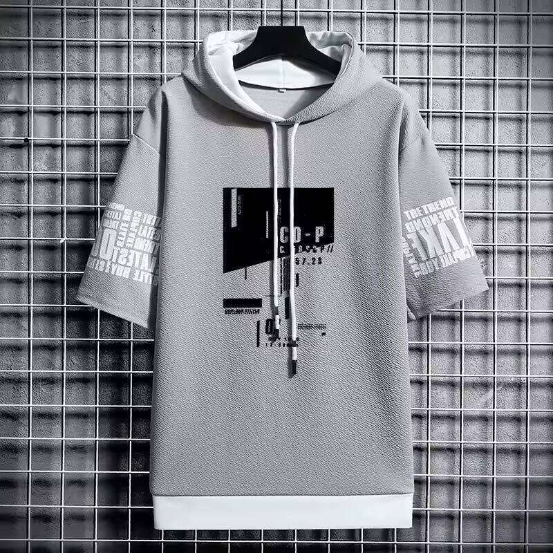 New Korean Style Men's Fashion Streetwear Half Sleeve Hooded Sweatshirts Casual Harajuku Prints Men Clothing Hoodies W260626 - view 4