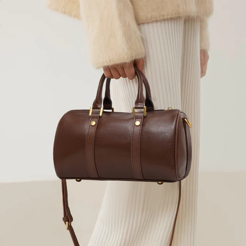 Genuine Leather Womens Handbag with Shoulder Strap - Crossbody Single-Shoulder Cylindrical Pillow-Shaped Storage Bag 260626