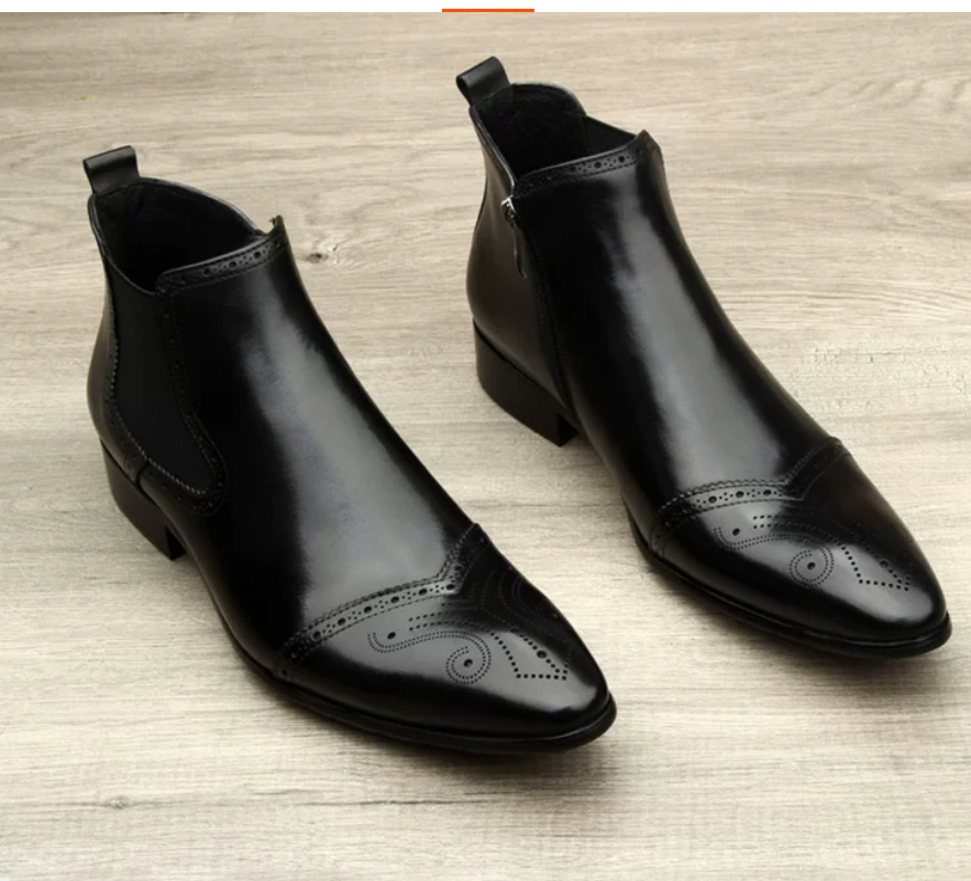 Men Winter Warm Wool Lined Chelsea Ankle Boots Genuine Leather Side Zipper Pointed Toe Brogue Dress Boots Formal Business Wedding Leather Boots For Ma