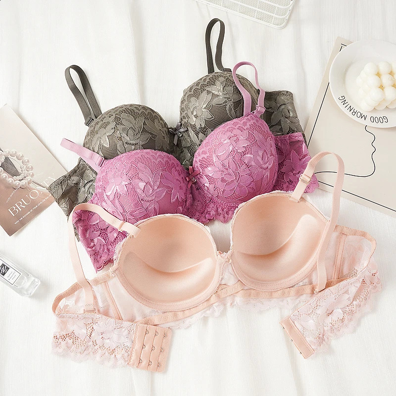 Womens Push Up Half Cup Bras French Lace Floral Bralette Thicken Bottom Gathered Underwire 3642 AB Small Chest Underwear 260626 - view 5