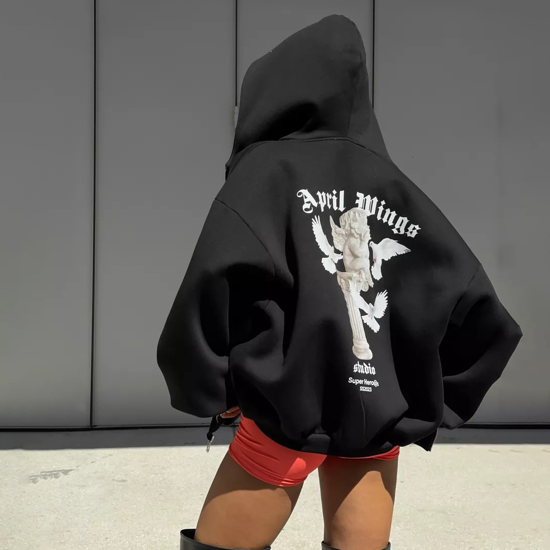 European American Back Print Hooded Autumn Fashion, Personality Loose Zipper Sweatshirt Jacket For Women, Sweet And Spicy Style - view 5